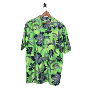 Vintage 90s 00s Y2K Utility Men's M‎ Green Hawaiian Silky Button Down Camp Shirt